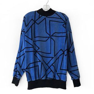 Vintage blue velvet geometric mock neck sweater